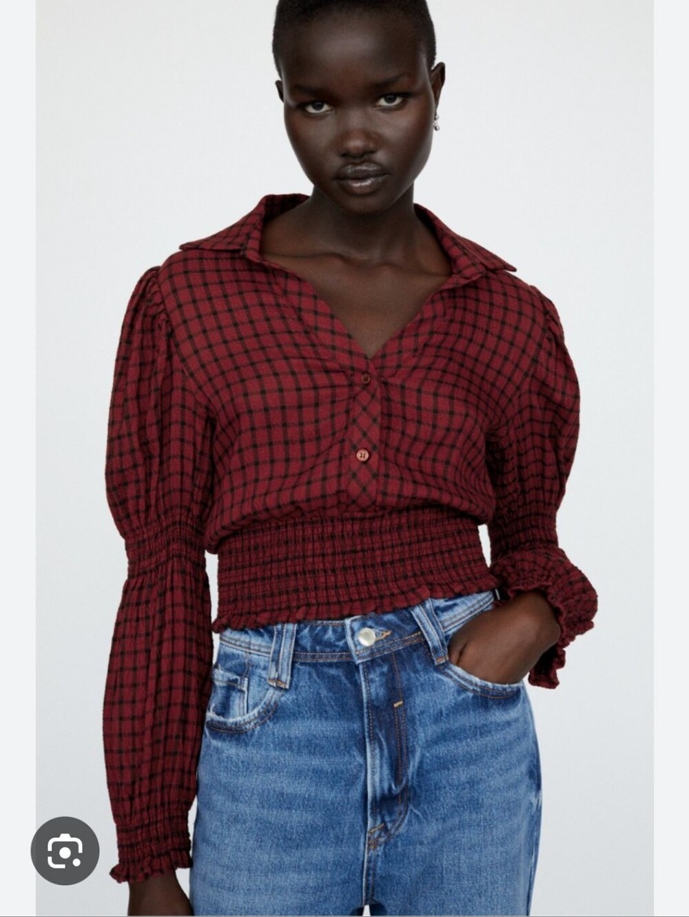 Red Plaid Smocked Hem Button-Up Top